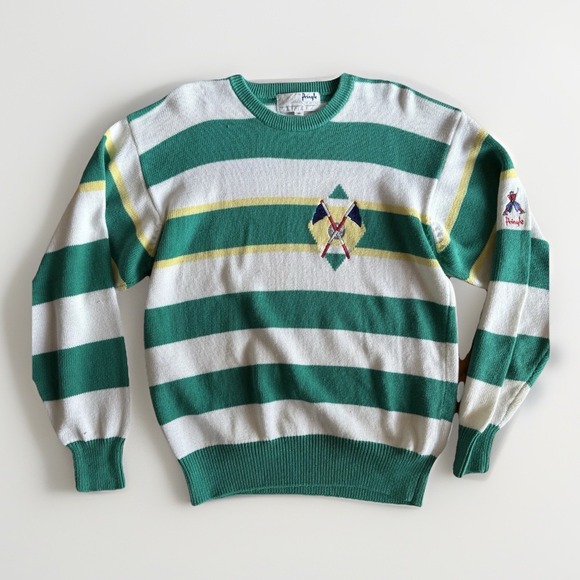 Vintage Pringle Nick Faldo Golf Sweater M Green‎ White Stripe Cotton Hong Kong